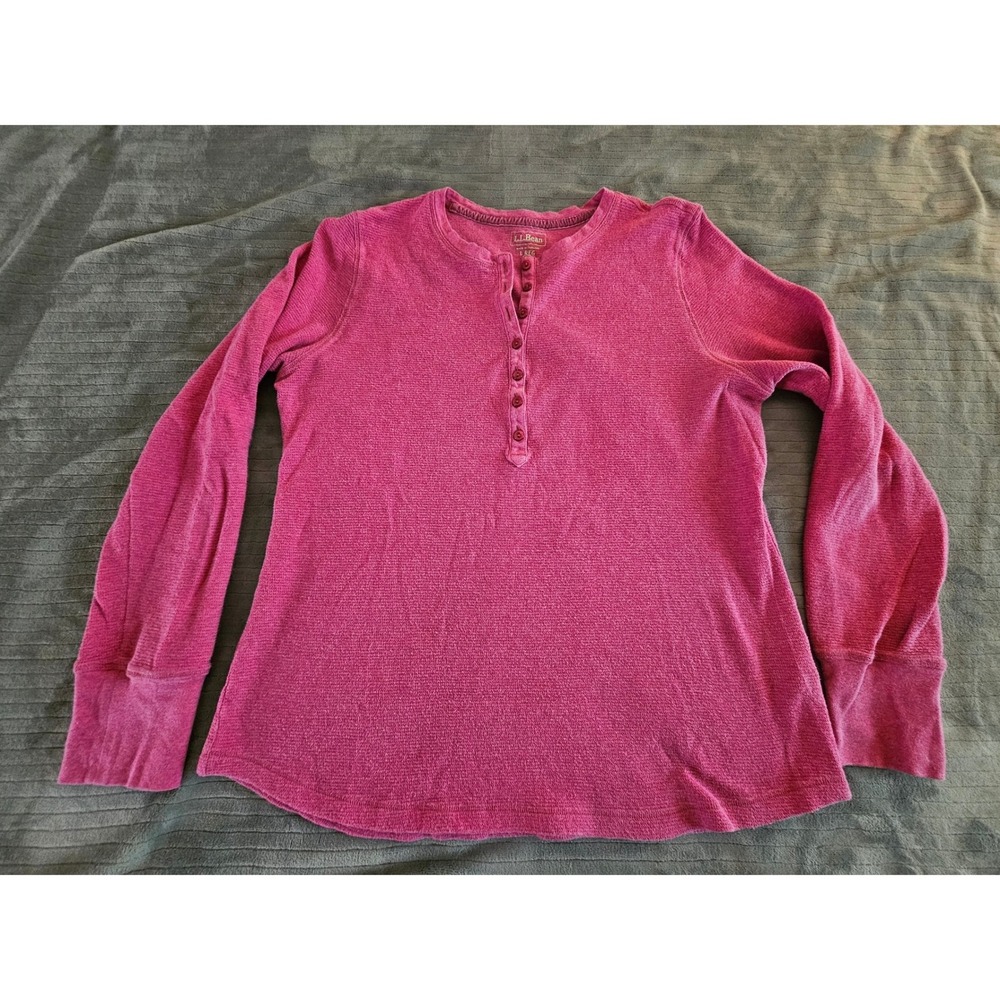 LL Bean Womens Raspberry Pink Waffle Knit Henley Top Long Sleeve Large Regular - Picture 2 of 9